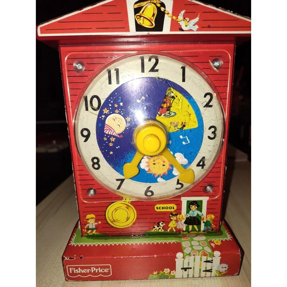 Vintage 1968 Fisher Price Music Box Teaching Clock Wind-Up Red Wood Works